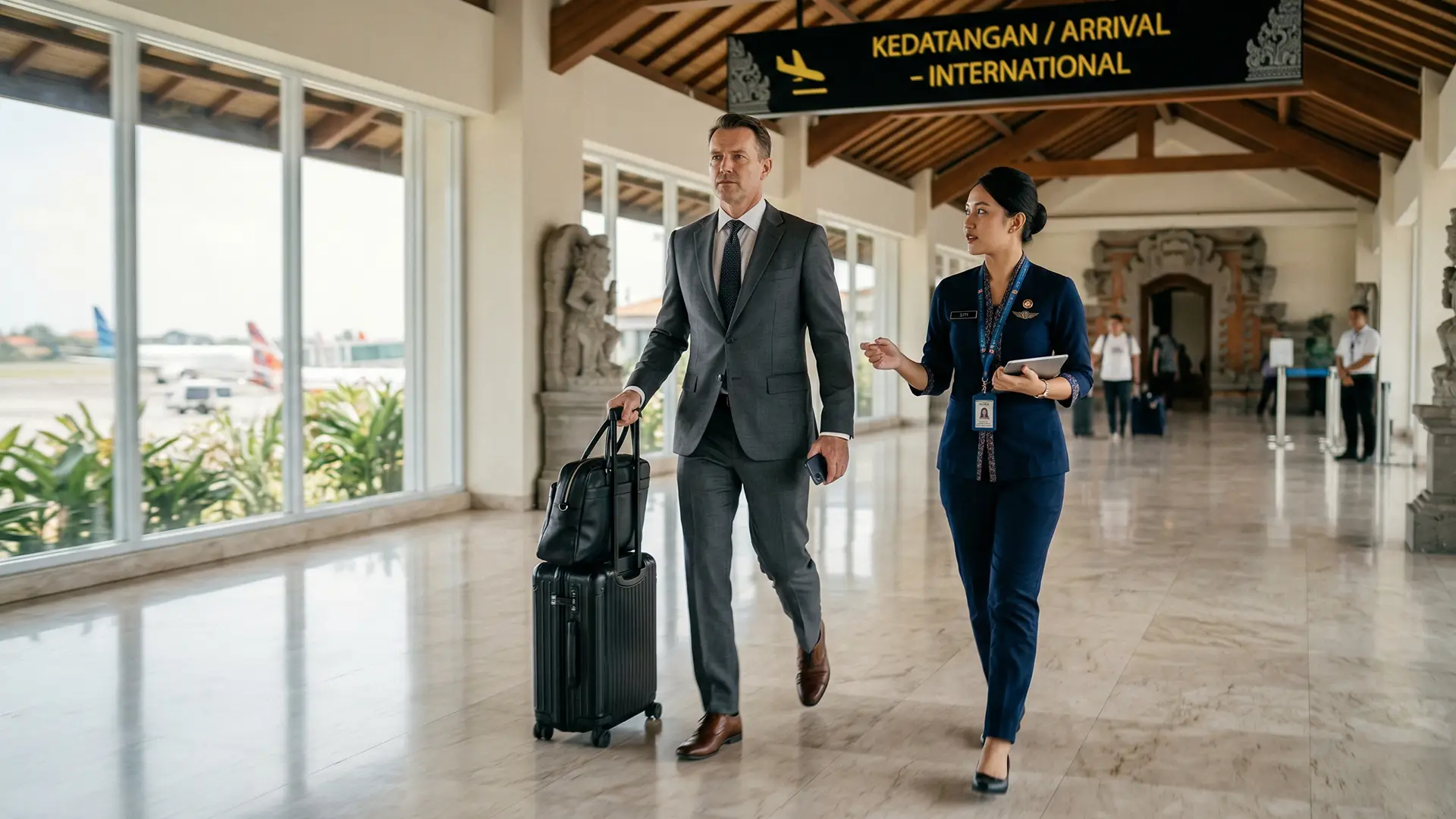 Concierge escorting a business traveller through the international arrival hall at Ngurah Rai Airport
