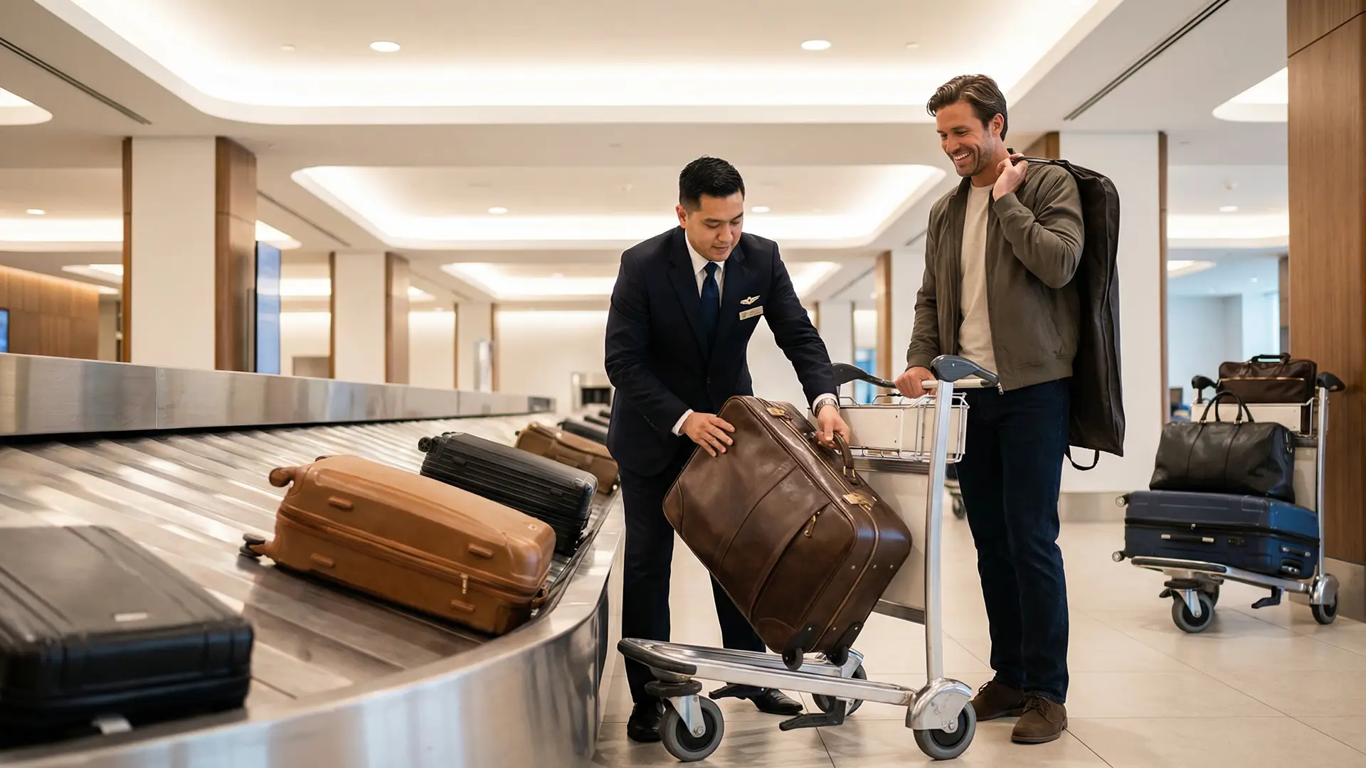 Baggage handler retrieving a suitcase from the carousel for a guest at baggage reclaim