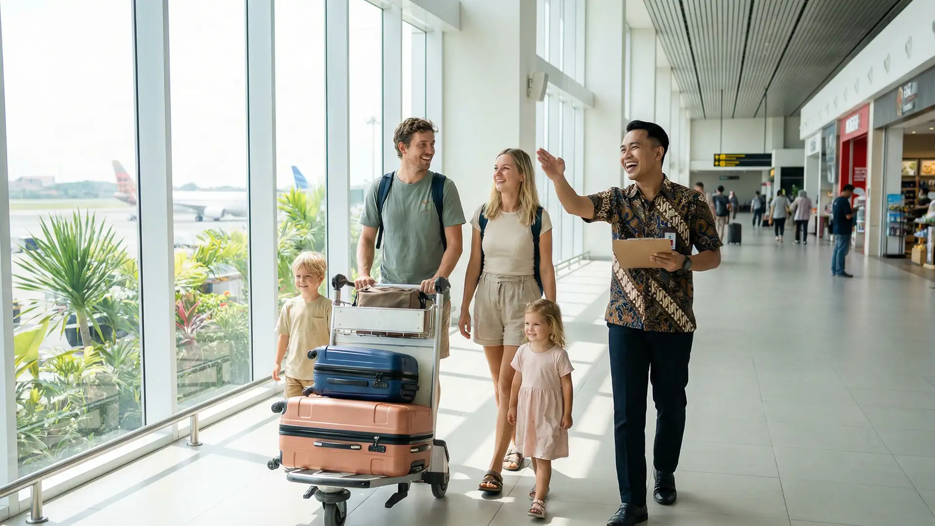 Family with children and a luggage cart guided by staff through the arrival hall