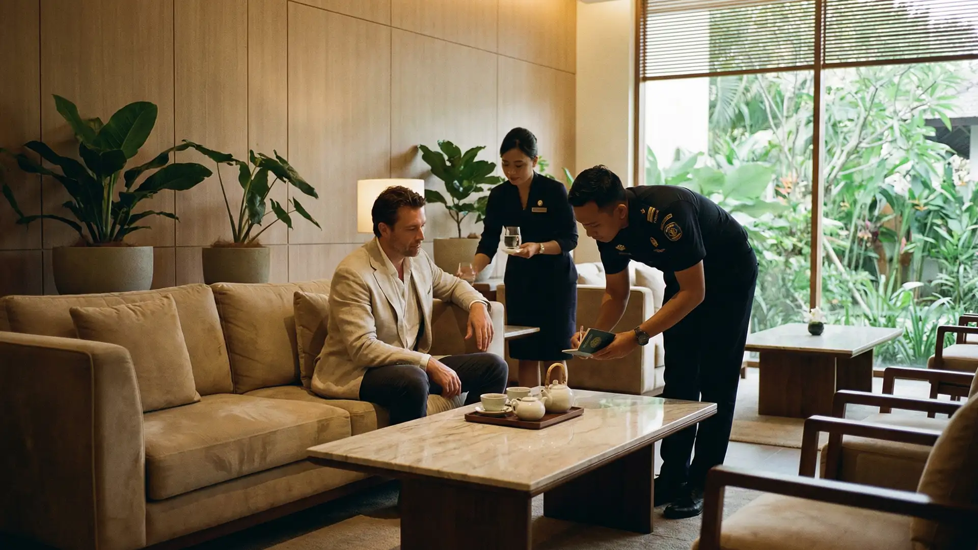 Staff serving tea and returning a passport to a guest in the private VIP lounge