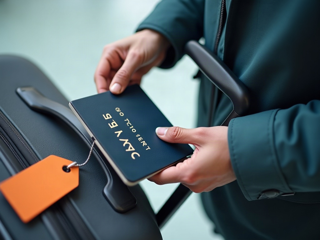 Traveller's hands holding passport and phone beside cabin luggage, documents ready for arrival