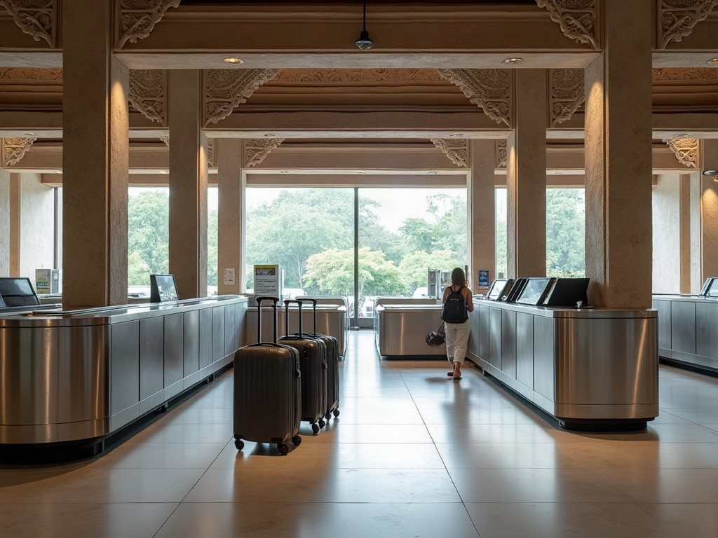 Baggage reclaim carousel and luggage trolley in a Bali airport terminal