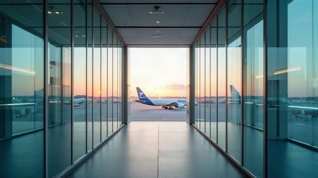 Empty glass airbridge corridor at a tropical airport terminal in early morning light